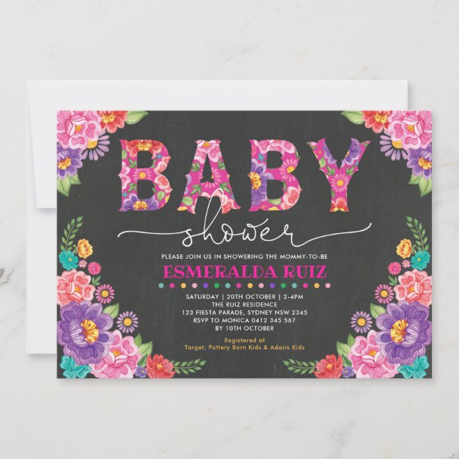 Fiesta Baby Shower | Mexikanska Blommigten Chalkbo Inbjudningar (Framsida)