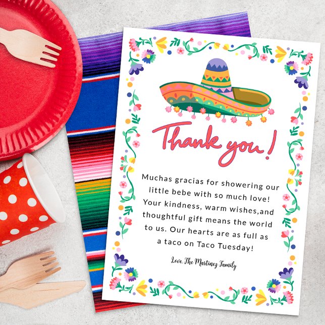 Fiesta Baby Shower - tackkort - Blommigt Sombrer Tack Kort (Sombrero thank you card)