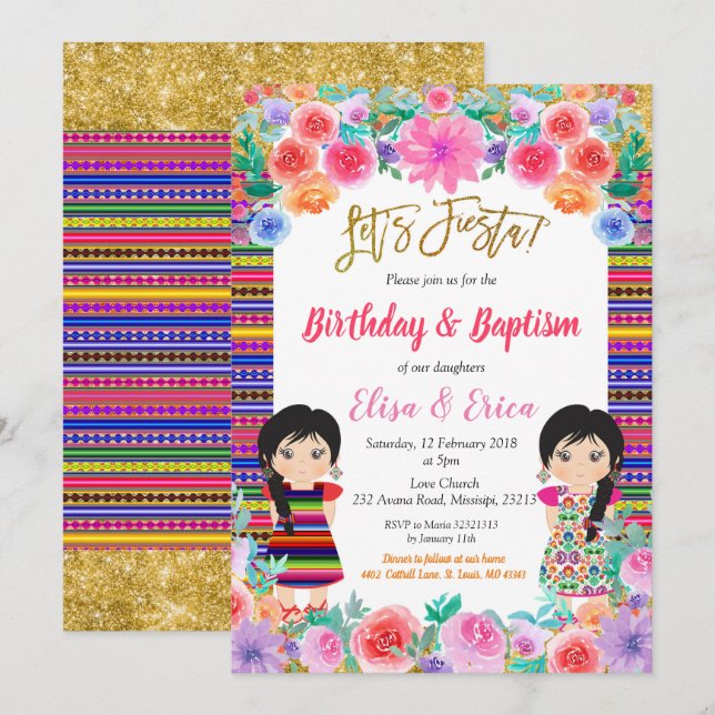 Fiesta Birthday och Baptism för tvillingflickor Inbjudningar (Fram/baksida)