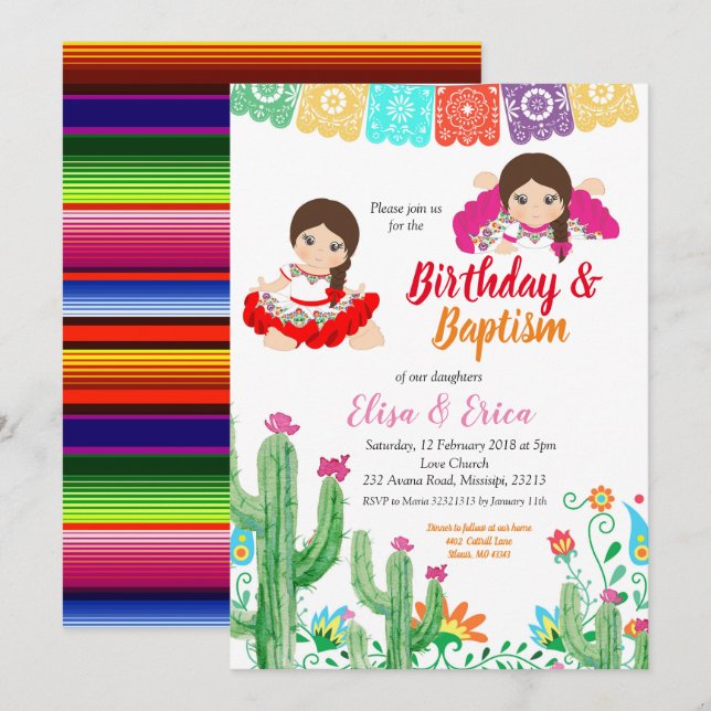 Fiesta Birthday och Baptism för tvillingflickor Inbjudningar (Fram/baksida)