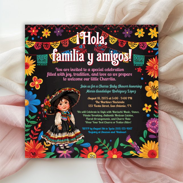 Fiesta Blommigt Charra Baby Shower Inbjudningar (Girl fiesta baby shower invitation with bright flowers and adorable baby girl charra.)