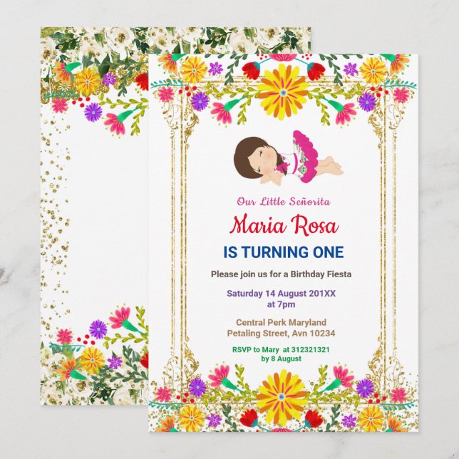Fiesta Blommigt Mexican Girl Party Birthday Inbjudningar (Fram/baksida)
