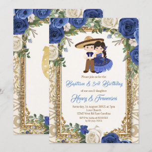 Fiesta Blommigt Syskon Blue Baptism & Birthday Inbjudningar
