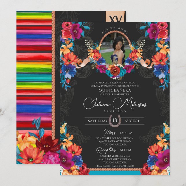 Fiesta Bright Blommigt och Serape Charro Quinceane Inbjudningar (Fram/baksida)