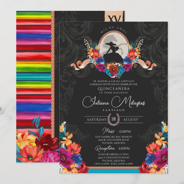 Fiesta Bright Flowers Elegant Charro Quinceanera Inbjudningar (Fram/baksida)