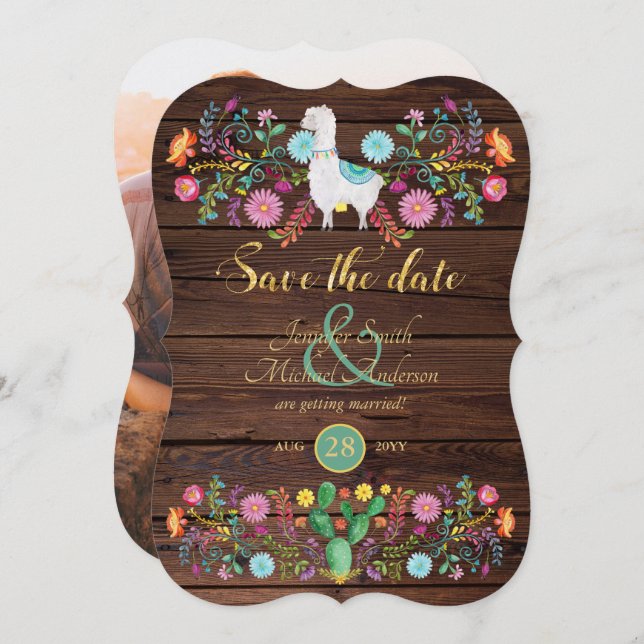 Fiesta Bröllop Spara Datum Lama Folk Blommor Inbjudningar (Fram/baksida)