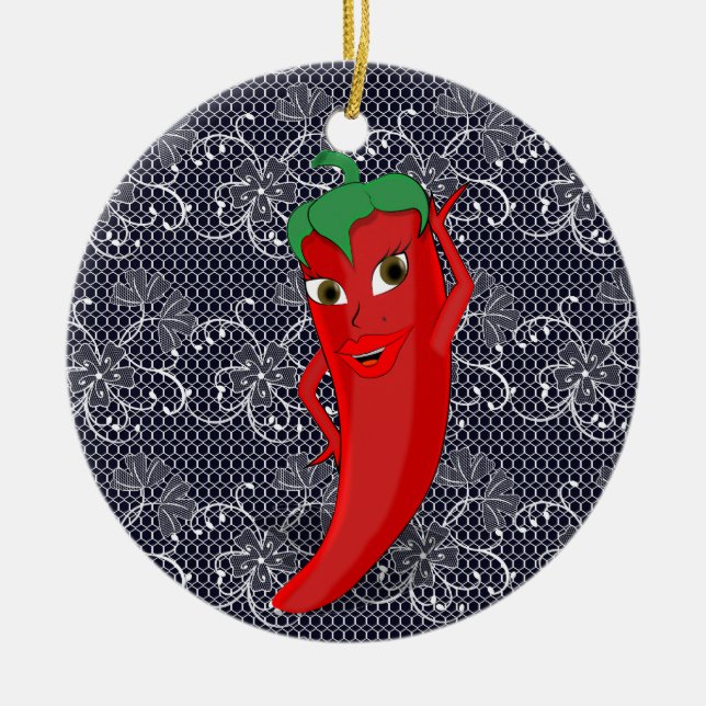 Fiesta Bröllopsdusch Med Röd Het Peppar Diva Julgransprydnad Keramik (Framsidan)
