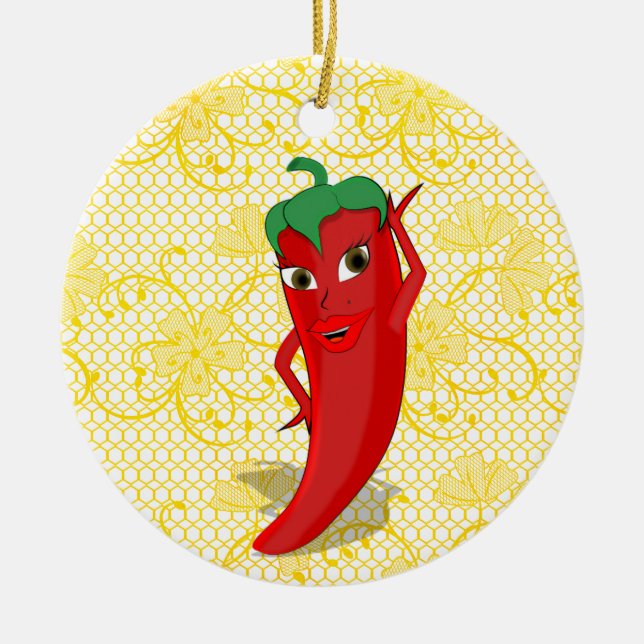 Fiesta Bröllopsdusch Med Röd Het Peppar-Diva Julgransprydnad Keramik (Framsidan)