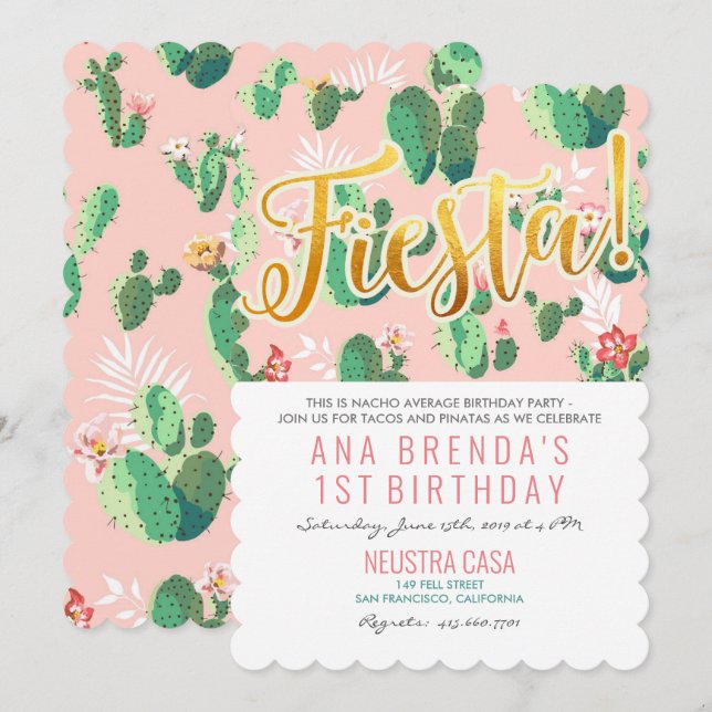 Fiesta Cactus 1:a födelsedagsinbjudan Inbjudningar (Fram/baksida)
