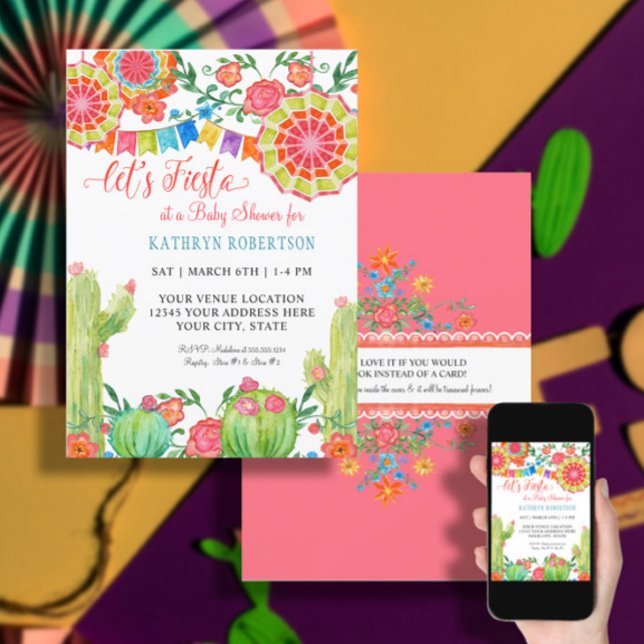 Fiesta Cactus Baby Shower Girl Papper Fläkt Blommi Inbjudningar (Skapare uppladdad)