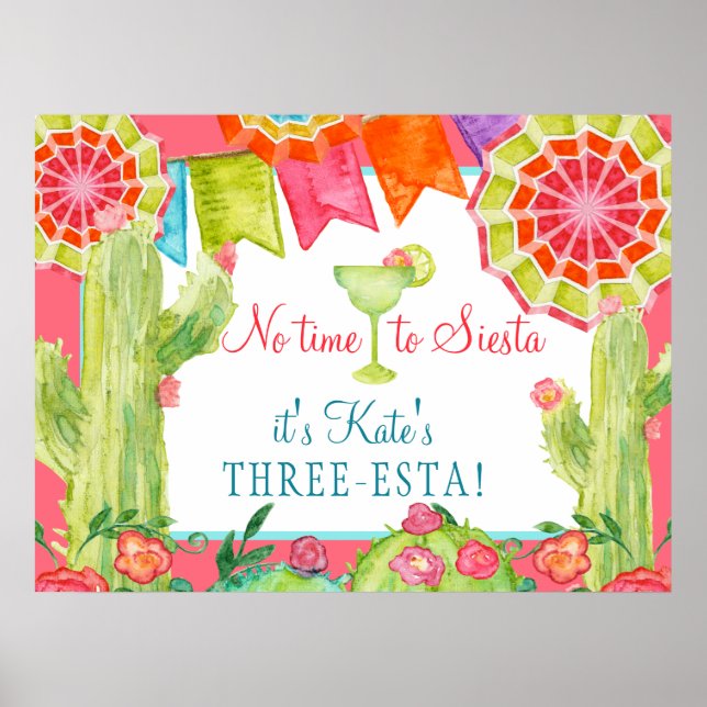 Fiesta Cactus Flower 3th Birthday Party Poster (Framsidan)