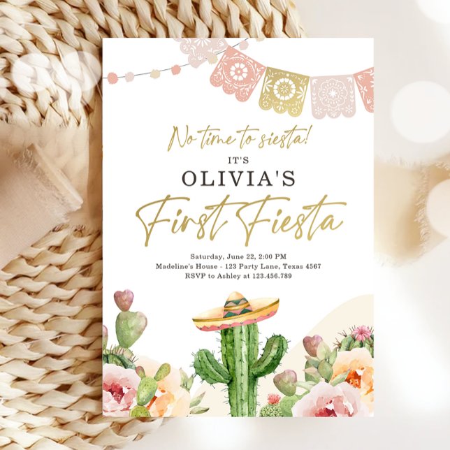 Fiesta Cactus Watercolor Girl First Birthday Invit Inbjudningar (Skapare uppladdad)