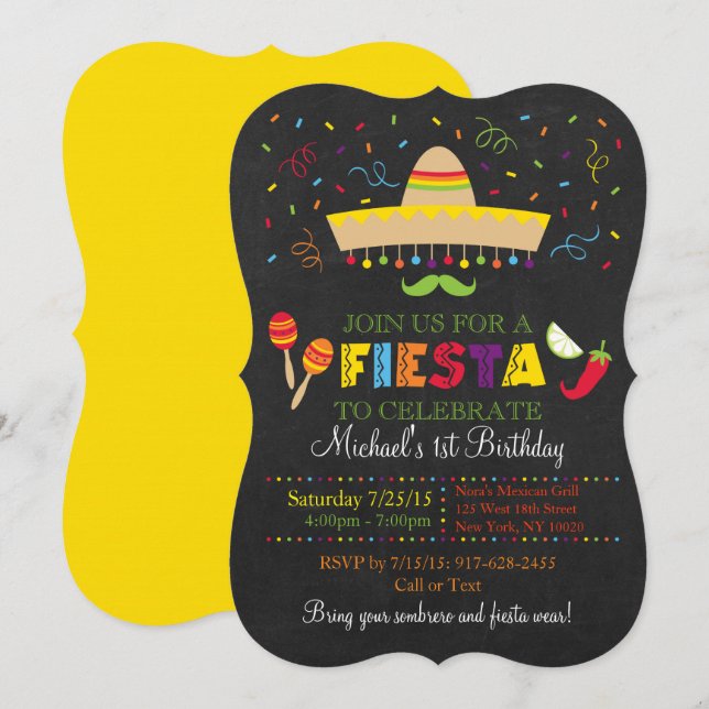 Fiesta Chalkboard Birthday Inbjudningar (Fram/baksida)