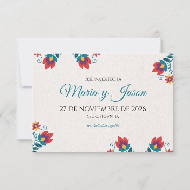 Fiesta Colorful Botanical Floral Spanish Wedding Spara Datumet (Framsida)