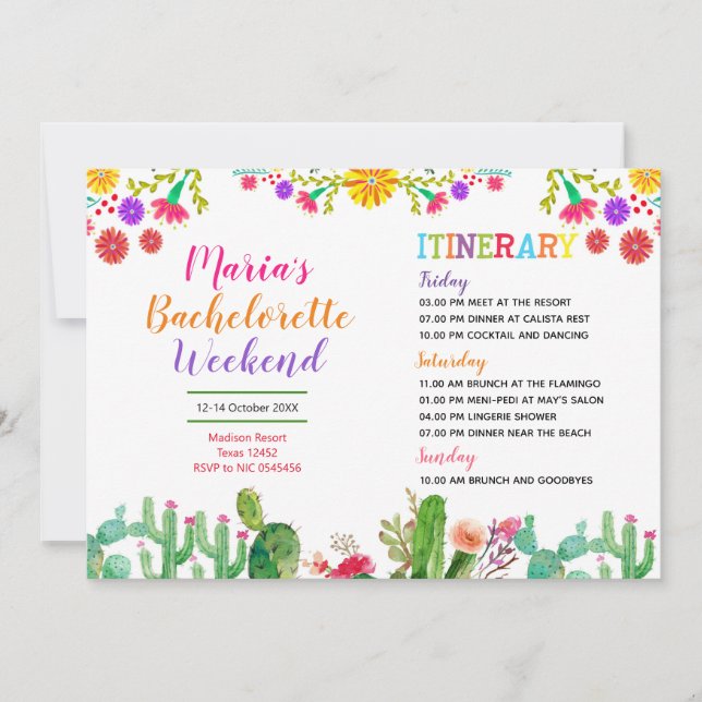 Fiesta Colorful Möhippa Itinerary Inbjudningar (Framsida)