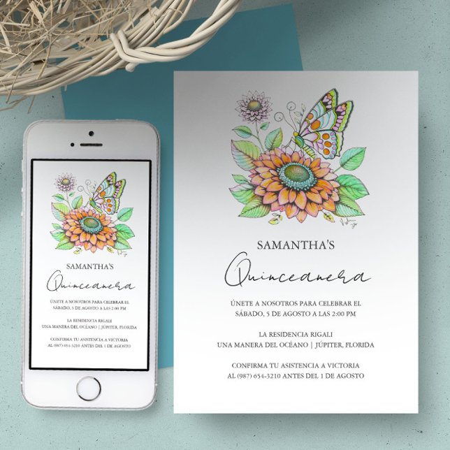 Fiesta de Quinceañera con Tema de Mariposas Inbjudningar (Quinceanera invitations designed with butterfly art by Victoria Grigaliunas of Do Tell A Belle)
