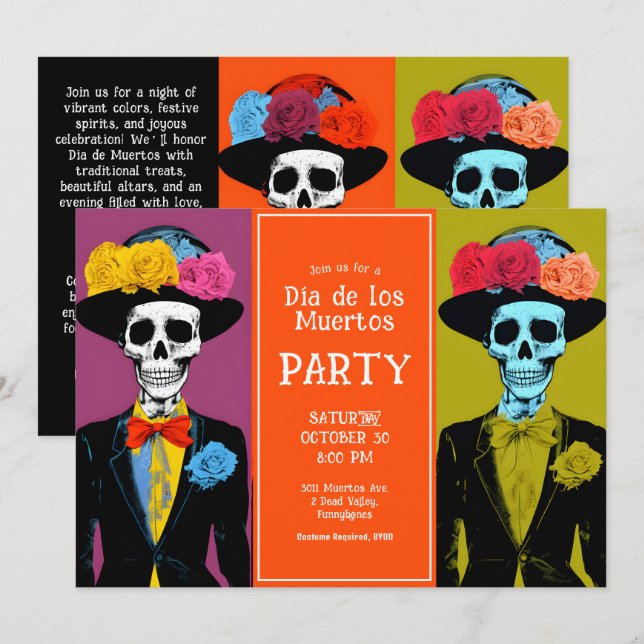 💀 Fiesta Dia de Muertos Inbjudningar (Fram/baksida)