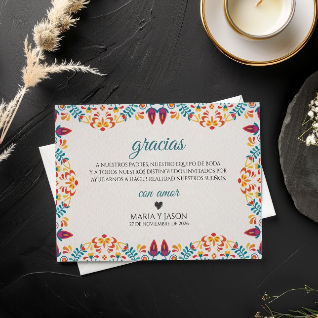Fiesta Elegant Färgrik Blommig Spansk Bröllop Tack Kort (Fiesta Elegant Colorful Floral Spanish Wedding Thank You Card)