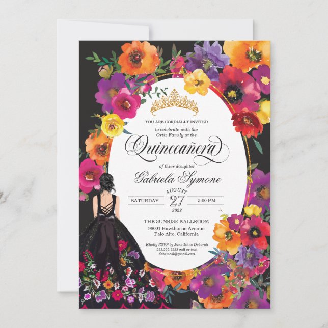 Fiesta Embroidery Watercolor Blommigt quinceanera  Inbjudningar (Framsida)