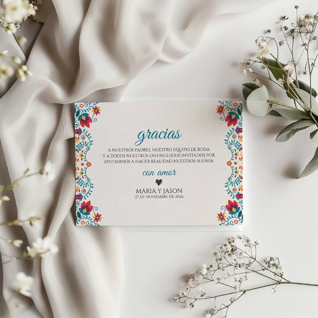 Fiesta Färgglad Botanisk Blommig Spansk Bröllopsfe Tack Kort (Fiesta Colorful Botanical Floral Spanish Wedding Thank You Card)