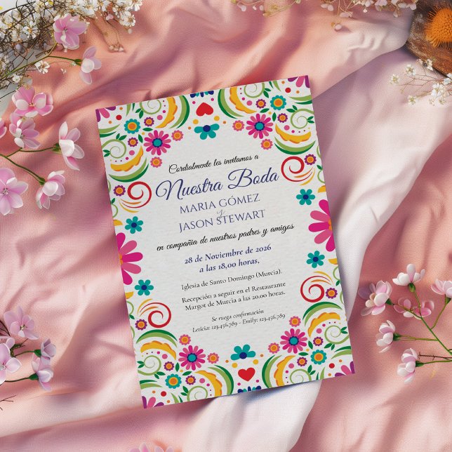 Fiesta Färgglada Blommiga Botaniska Spanska Bröllo Inbjudningar (Fiesta Colorful Floral Botanical Spanish Wedding Invitation)