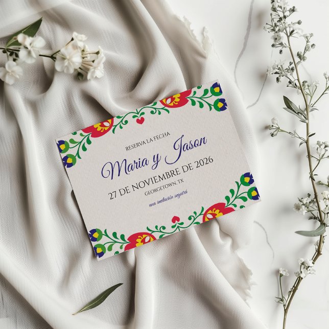 Fiesta Färgglada Blommiga Botaniska Spanska Bröllo Spara Datumet (Fiesta Colorful Floral Botanical Spanish Wedding Save The Date)