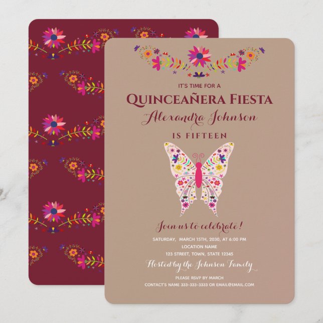 Fiesta Fjäril Mexikansk Quinceañera Inbjudningar (Fram/baksida)