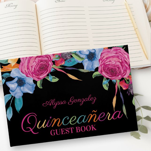 Fiesta Flowers Black and Rosa Blommigt Quinceanera Gästböcker (Guest Book from my Fiesta Flowers Quinceanera Collection)