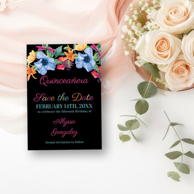 Fiesta Flowers Black Blommigt Quinceanera Spara Datumet (Save the Date Invitation from my Fiesta Flowers Quinceanera Collection)