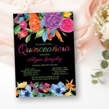 Fiesta Flowers Black Colorful Blommigt Quinceanera
