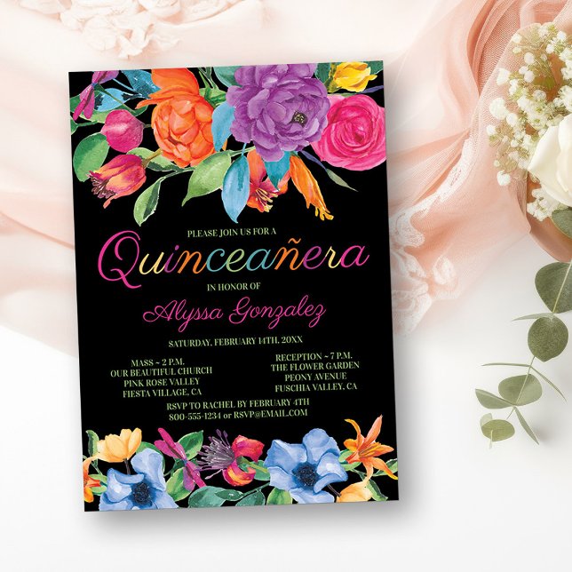 Fiesta Flowers Black Colorful Blommigt Quinceanera Inbjudningar (Mass & Quinceanera Invitation from my Fiesta Flowers Quinceanera Collection)