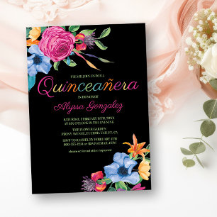 Fiesta Flowers Black Watercolor Blommigt Quinceane Inbjudningar