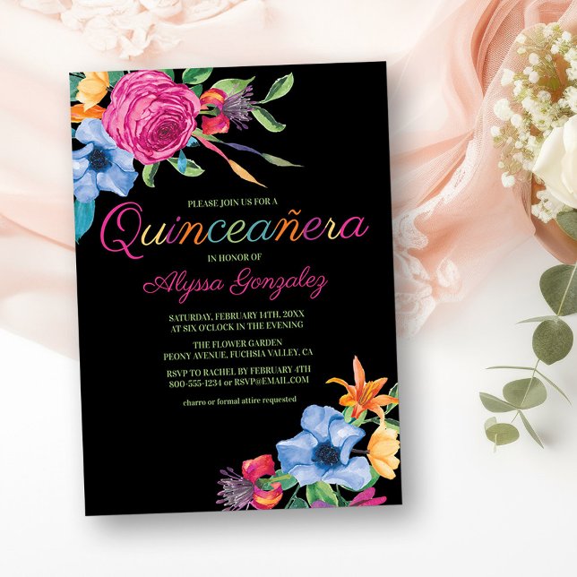 Fiesta Flowers Black Watercolor Blommigt Quinceane Inbjudningar (Quinceanera Invitation from my Fiesta Flowers Quinceanera Collection)