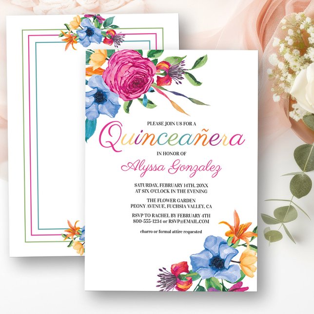 Fiesta Flowers Watercolor Blommigt White Quinceane Inbjudningar (Quinceanera Invitation from my Fiesta Flowers Quinceanera Collection)
