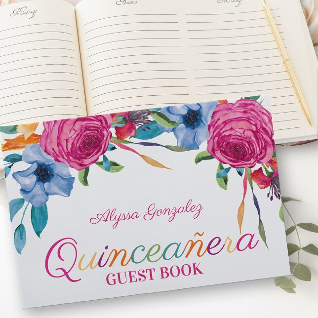 Fiesta Flowers White and Rosa Blommigt Quinceanera Gästböcker (Guest Book from my Fiesta Flowers Quinceanera Collection)
