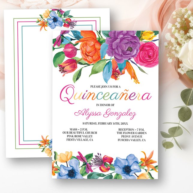 Fiesta Flowers White Colorful Blommigt Quinceanera Inbjudningar (Mass & Quinceanera Invitation from my Fiesta Flowers Quinceanera Collection)