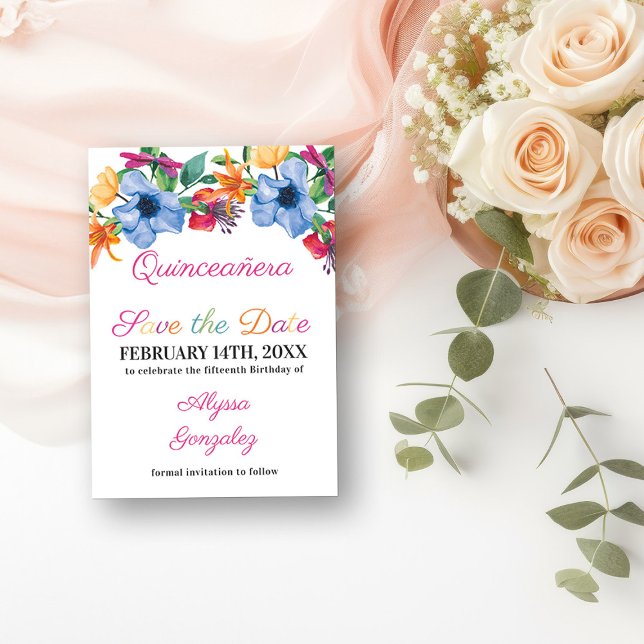 Fiesta Flowers White och Blommigt Quinceanera Spara Datumet (Save the Date Invitation from my Fiesta Flowers Quinceanera Collection)