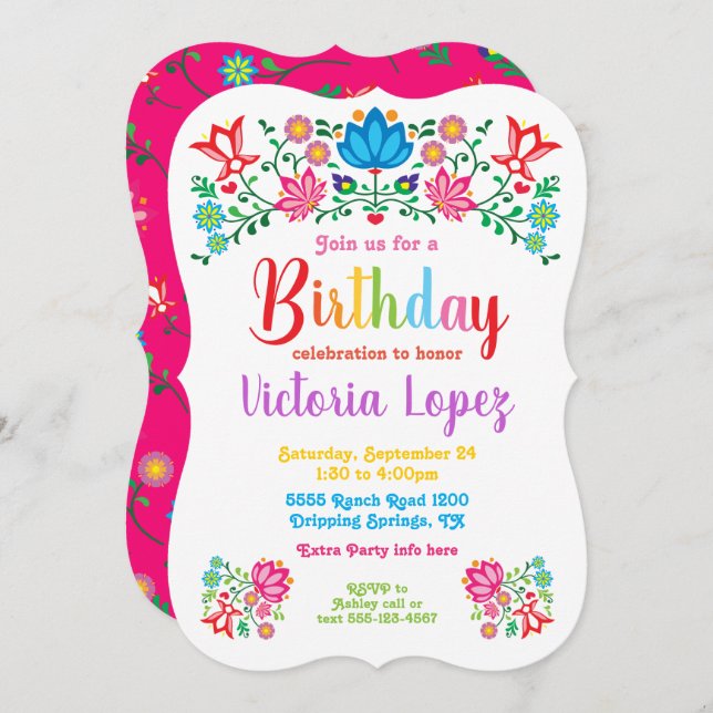 Fiesta Födelsedagsfest Folart Blommor Inbjudningar (Fram/baksida)
