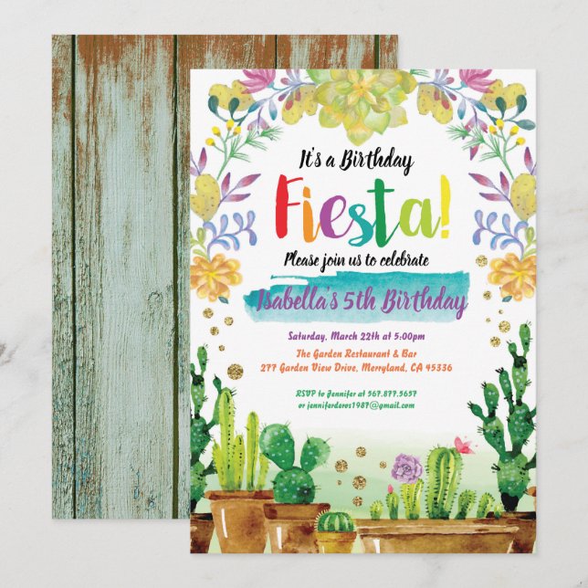 Fiesta födelsedagsfest inbjudan med kaktus (Fram/baksida)