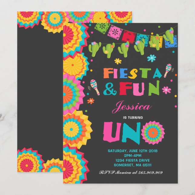 Fiesta Födelsedagsinbjudan Fiesta Kul Turning Uno Inbjudningar (Fram/baksida)