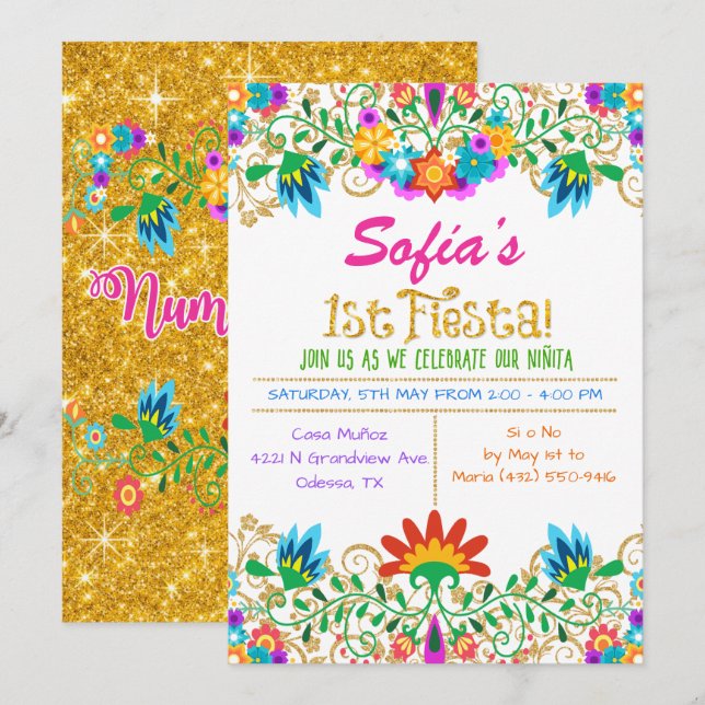 Fiesta Första Födelsedagen Blommig Glitter Inbjuda Inbjudningar (Fram/baksida)