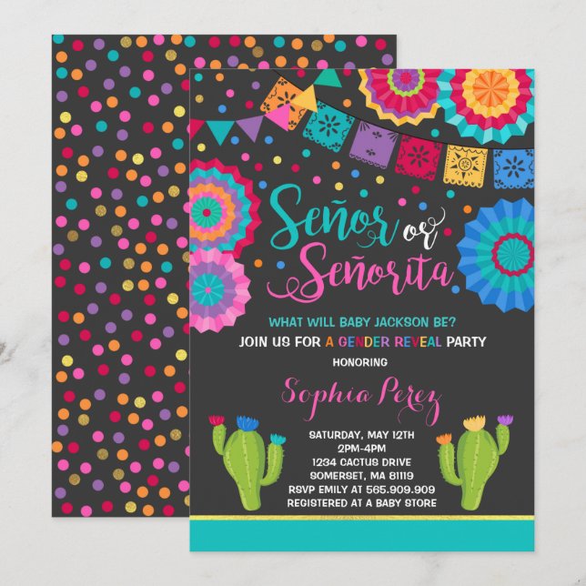 Fiesta Gender Reveal Señor eller Señorita Inbjudningar (Fram/baksida)