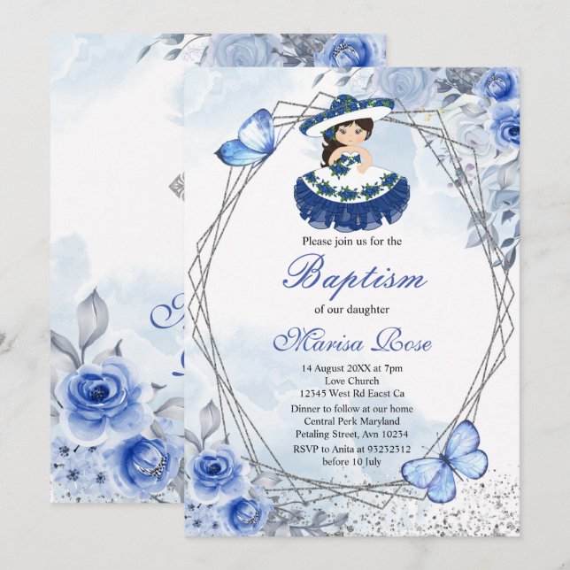 Fiesta Girl Baptism Christening Pastel Blommigt Inbjudningar (Fram/baksida)