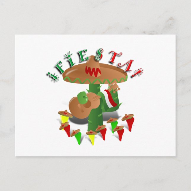Fiesta Kaktus med Sombrero och Gitarr Vykort (Framsida)