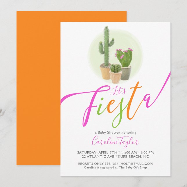 Fiesta Kaktus Neon Rosa Orange Baby Shower Inbjudningar (Fram/baksida)