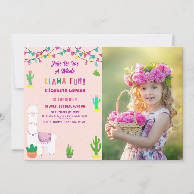 Fiesta Llama Alpaca Barns födelsedag Photo Inbjudningar (Framsida)