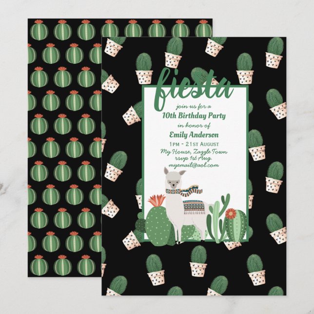 Fiesta Llama Birthday Call Roligt Cute Cactus Inbjudningar (Fram/baksida)