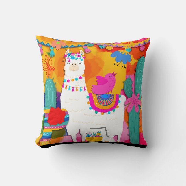 Fiesta Llama Cinco De Mayo Färgglad Kul Vattenfärg Kudde (Framsida)