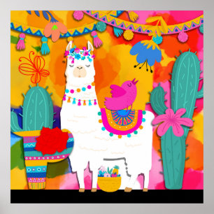 Fiesta Llama Cinco De Mayo Färgglad Rolig Akvarell Poster