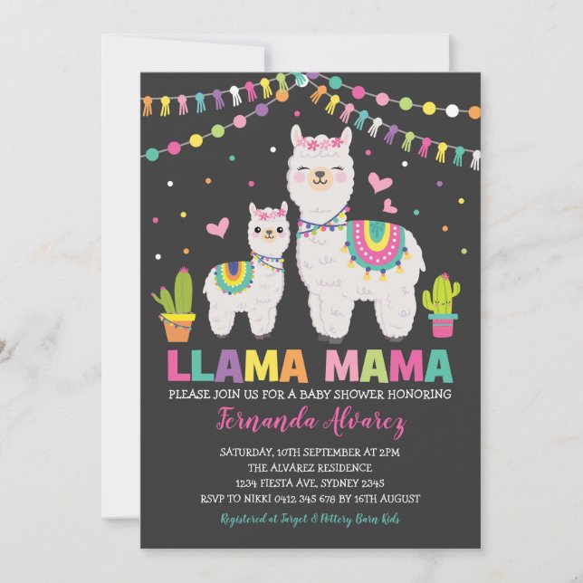 Fiesta Llama Girl Baby Shower / Cactus Alpaca Inbjudningar (Framsida)